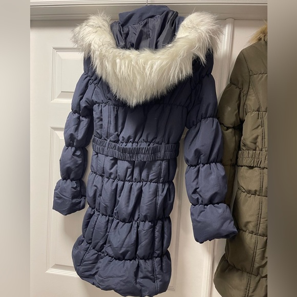 M/L Women’s Winter Puffer Quilted Coat jacket with fur around hoodie Navy /Green - Picture 3 of 9